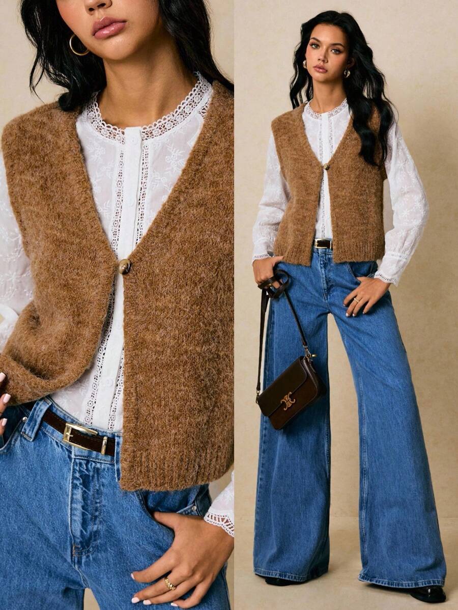 Poéselle 毛绒针织无袖毛衣背心 - 女式柔软纽扣前开衫背心，女式针织背心，毛绒背心，无袖开衫，柔软针织背心，纽扣前背心，分层背心，秋季针织背心，西部服饰 - 鏽棕色 - 查看 1