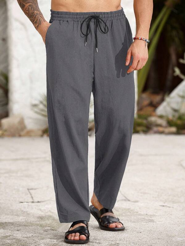 ResortEase Pantalones casuales rectos y holgados de talla grande para hombres, con cintura con cordón y bolsillos