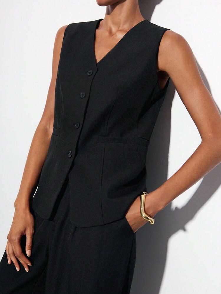 SHEIN Maija 女性用ブラックVネックボタン前開きフィッテッドベストトップと弾性ウエストボタンポケットルーズロングパンツ2点セット、カジュアルビジネスアウトフィット、ハロウィン、ビジネスカジュアル、秋冬の女性オフィスアウトフィットに適しています