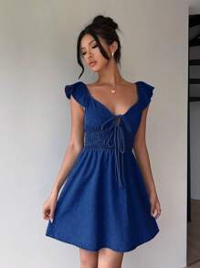 Aloruh 女士牛仔迷你连衣裙，休闲修身，蓝色 - 中等水洗藍 - 查看 8