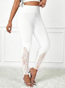 SHEIN Lady Women Eleglant Solid Color Lace Patchwork Leggings Pants For Women Petite