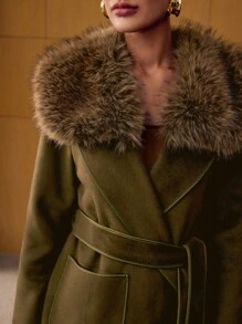 MOTF PREMIUM DETACHABLE FUZZY COLLAR OVERCOAT - Dark Green - View 3