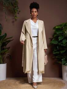 Veslaya Plus Size Women's Solid Color Lapel NeckLong Sleeve Long Casual Blazer Jacket In Fall/Winter - Khaki - View 5