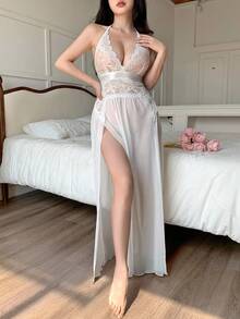Sexy Mesh Split Maxi Dress, Women's Nightgown Sheer Nightgown Lace Nightgown Long Lingerie Dress Spaghetti Strap Nightgown Spaghetti Strap Night Gown Lace Night Gown - White - View 6