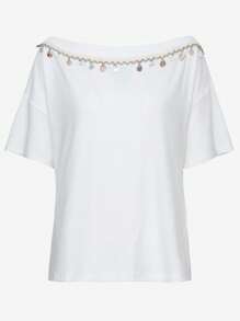 DAZY Women's Summer Casual Asymmetrical Neckline Pendant Decor T-Shirt - White - View 7