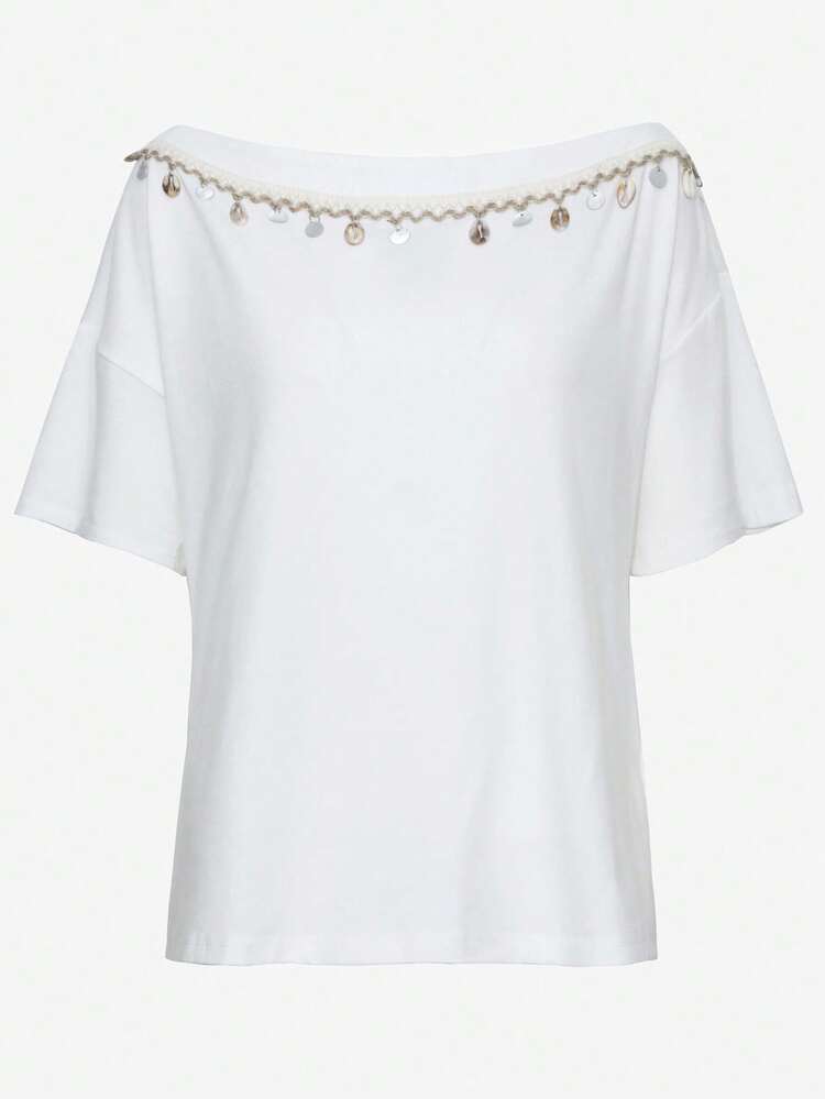 Women's Summer Casual Asymmetrical Neckline Pendant Decor T-Shirt