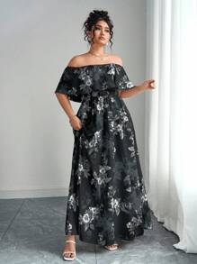 SHEIN Clasi 2025 夏季新款大码女装时尚花卉印花露肩荷叶边露肩收腰修身长裙，适合度假、约会、日常通勤、郊游和旅行 - 黑與白 - 查看 5