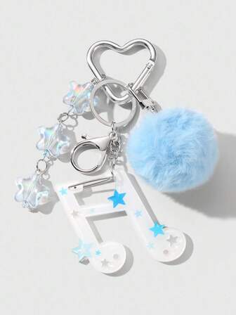 Anime 1 pieza, Minimalista, Bola de peluche azul de alta calidad, Llavero y accesorio para bolso DIY con estrella acrílica y nota musical, Adecuado para mujeres, uso diario o regalo