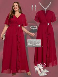 Ellevyn 大码优雅长款荷叶边连衣裙，红色，适合派对和休闲穿着，夏季大码曲线连衣裙。 - 紅色 - 查看 7