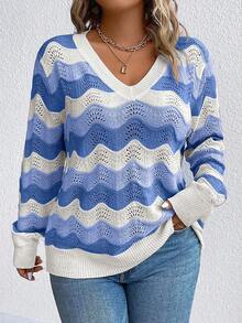 Maglione casual a maniche lunghe con scollo a V e righe, versatile per l'uso all'aperto in autunno/inverno, taglie comode