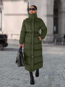 EURMUSE Zip Up Drawstring Waist Long Padded Coat - Hijau Tentara - View 3