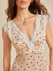 WESTFADE 波尔卡圆点缎面蕾丝 V 领修身无袖长裙秋季返校服装乡村音乐会服装 - 杏色 - 查看 4