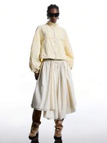 LYSMO Áo khoác dáng rộng tay dài raglan màu trơn có khóa kéo phía trước dành cho nữ - Màu vàng - Xem 8