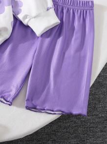 2pcs/Set Young Girls Vibrant Flower Crew Neck Sweatshirt And Purple Color Ribbed Biker Short Outfit - Purple - View 4