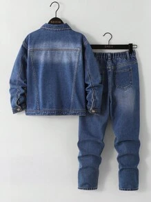 2 件套青少年男童牛仔夹克和牛仔裤套装，休闲日常百搭街头服饰，做旧设计，舒适 - 中等水洗藍 - 查看 4
