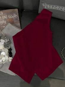 Franclia Chic Versatile S-Shaped Sexy Oblique Shoulder Metal Buckle Decor Women's Blouse, Spring/Summer - Burgundy - View 2