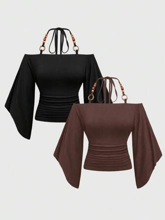 Hippie T-shirt femme à manches chauve-souris avec décoration de perles en bois, style vintage, épaules dénudées