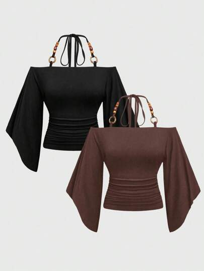 Hippie Maglietta da donna vintage con scollo a spalle scoperte, decorazione in perle di legno e maniche a pipistrello oversize