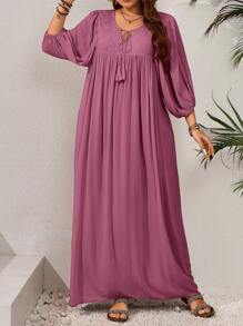 EMERY ROSE 大码女式撞色蕾丝流苏系带灯笼袖休闲连衣裙