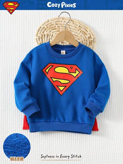SUPERMAN X Cozy Pixies 2 件套小男孩超级英雄图案针织柔软圆领长袖套头衫和斗篷套装，纯色，适合秋冬季