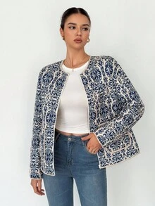 SHEIN Tall Women's Floral Print Long Sleeve Zip Front Casual Winter Jacket Printed Jacket Blue Jacket - Blue and White - View 3
