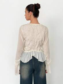 SHEIN Tall 女士纯色荷叶边前系带喇叭袖时尚衬衫奶油色系带上衣荷叶边衬衫 - 米色 - 查看 2
