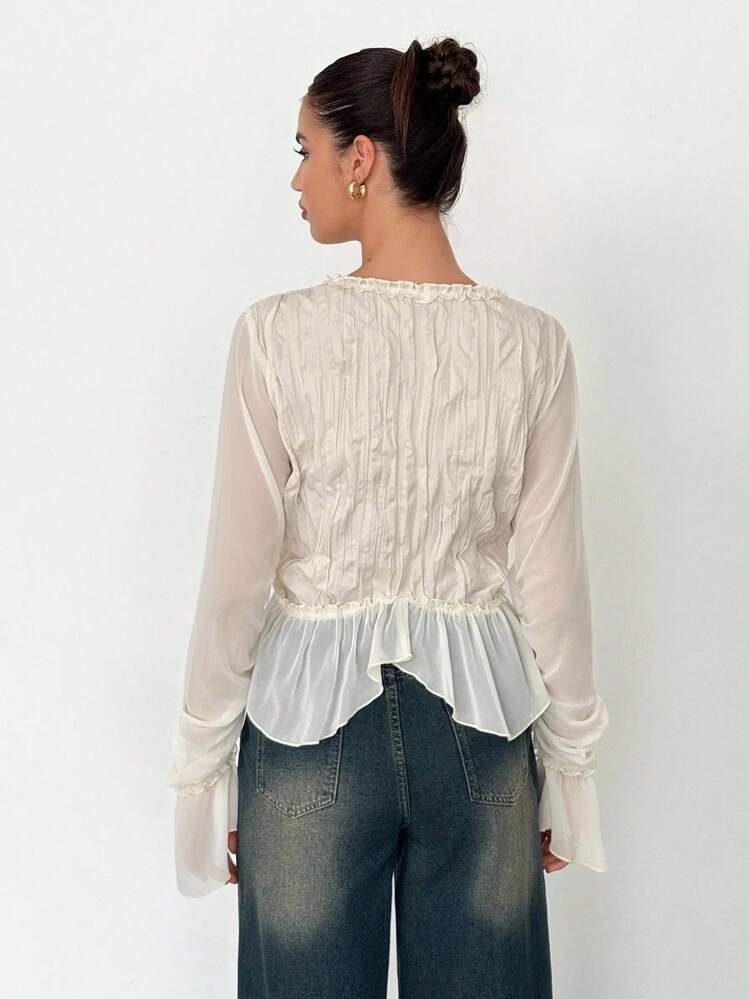SHEIN Tall 女士纯色荷叶边前系带喇叭袖时尚衬衫奶油色系带上衣荷叶边衬衫 - 米色 - 查看 2