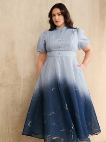 Anewsta Plus Size Women's Elegant Purple Ombre Bubble Embroidery Dress, Spring/Summer - Blue - View 4