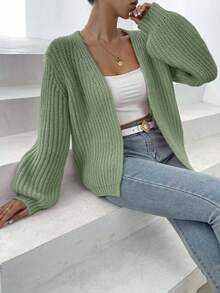 EURMUSE 女士纯色落肩长袖宽松休闲针织开衫 - 薄荷綠 - 查看 3