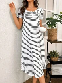 Moonlight&Mama Pregnant Women's Casual Loose Striped Print Short Sleeve Knit Nightgown Maternity Nightgown Maternity Sleepwear Set Maternity Lounge Set Maternity Pajamas Set Post Partum Nightgown - Black and White - View 7
