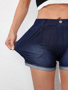 SHEIN EZwear Shorts vaqueros ajustados de verano para mujer con bolsillos inclinados elásticos y puños - Azul - Ver 6