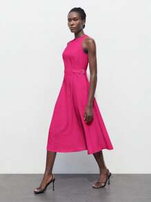 Maija 2025 年夏季新款紫红色圆领无袖太阳裙，适合商务、日常休闲、通勤、优雅海滩度假、婚礼宾客、乡村音乐节、早餐和机场装，90 年代复古时尚的女士连衣裙 - 玫紅色 - 查看 5