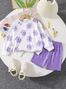 2pcs/Set Young Girls Vibrant Flower Crew Neck Sweatshirt And Purple Color Ribbed Biker Short Outfit - Purple - View 1