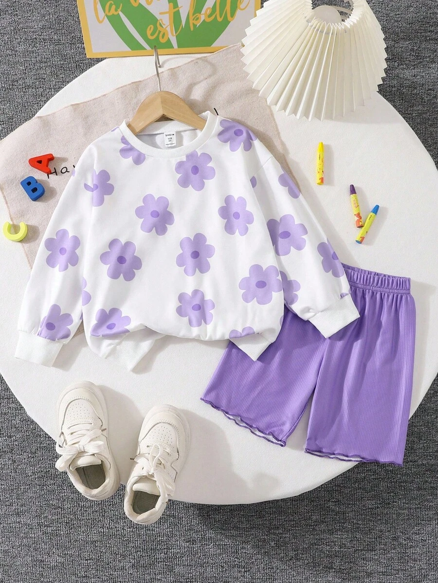 2pcs/Set Young Girls Vibrant Flower Crew Neck Sweatshirt And Purple Color Ribbed Biker Short Outfit - Purple - View 1