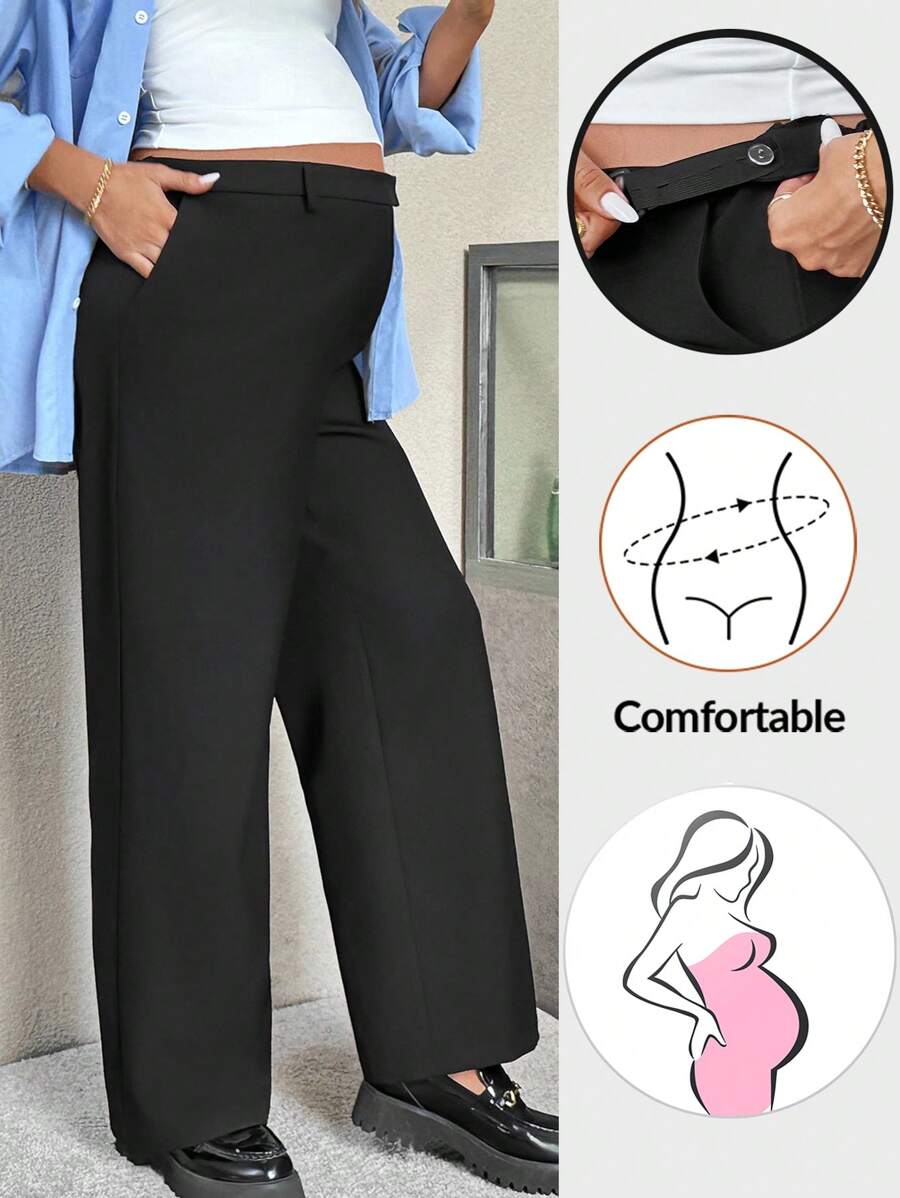 SHEIN Calça casual solta de perna larga com bolso ajustável na cintura, cor sólida, para gestantes - Preto - Visão 1