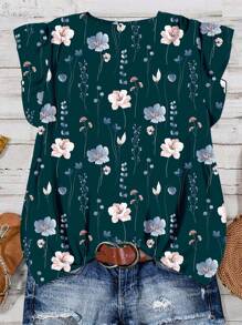 SHEIN LUNE Plus Size Women Casual Floral Print Cap Sleeve Blouse, Suitable For Summer - Dark Green - View 2