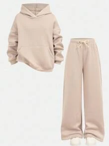 SHEIN Serisse Kids 2 件套 Tween 女童卡其色加厚连帽运动衫和裤子，女童秋冬休闲运动装 - 卡其色 - 查看 4