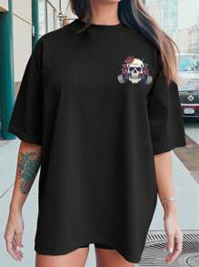 INAWLY Plus Size Women's Letter & Skeleton Print Casual Dropped Shoulder Round Neck T-Shirt - Black - View 2