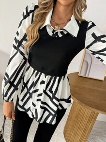 SHEIN LUNE 休闲通勤印花拼接二合一上衣，适合春秋季穿着 - 彩色 - 查看 3