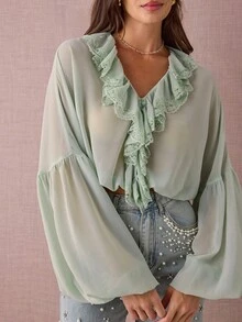 Enchnt Damen Einfarbige Bluse mit Kontrast-Spitzenrüschen und weiter Passform, Langarm - Grün - Übersicht 1