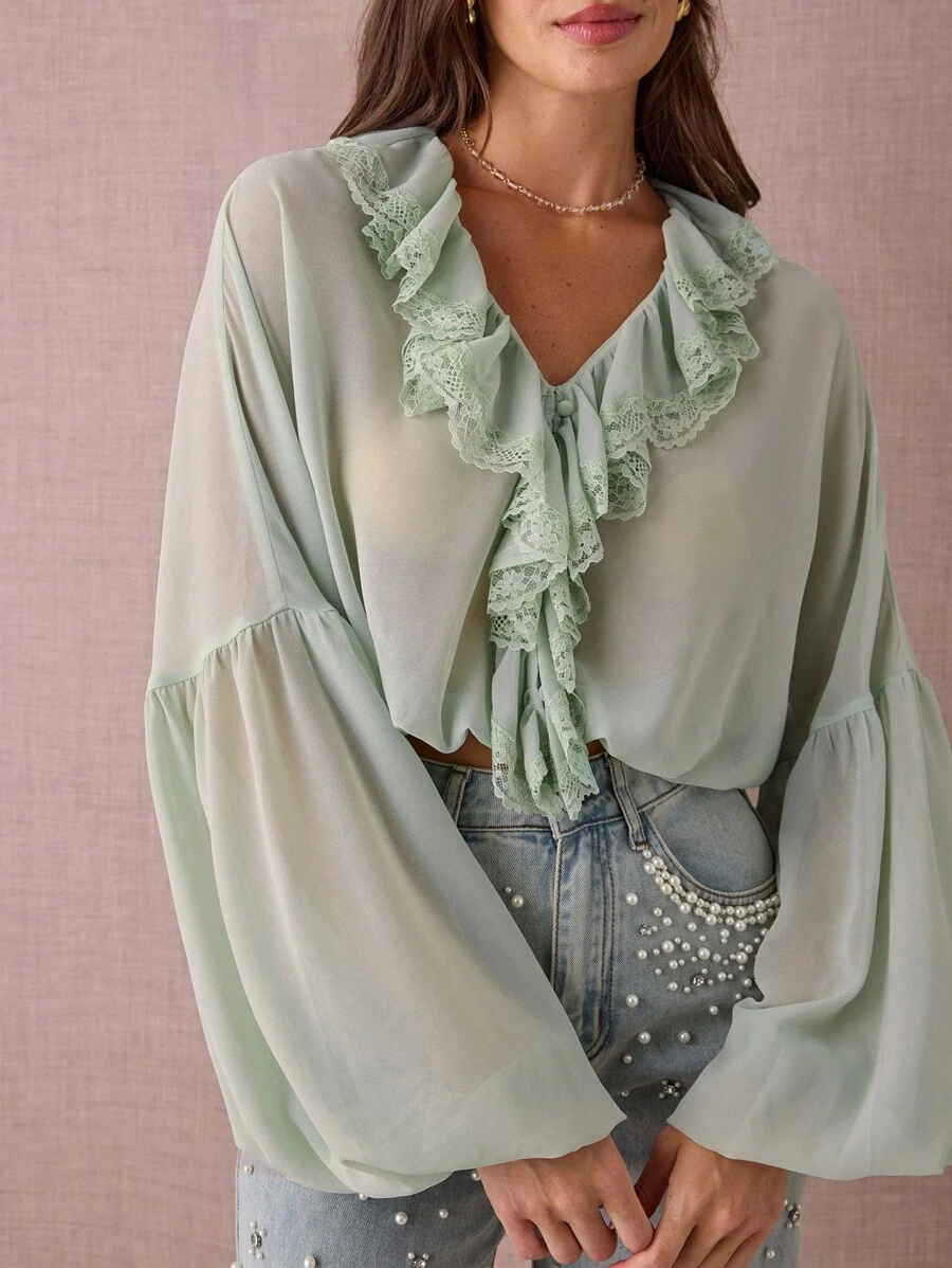 Enchnt Damen Einfarbige Bluse mit Kontrast-Spitzenrüschen und weiter Passform, Langarm - Grün - Übersicht 1