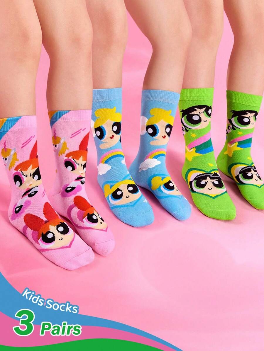 THE POWERPUFF GIRLS X SHEIN 3 Pairs Blossom, Bubbles, Buttercup Pattern Cotton Soft & Breathable Moisture-Wicking Kids Mid-Calf Socks Colorful Cute Crew Socks Reinforced Toe & Heel For Durability Unisex For Boys & Girls All Seasons All-Match School & Outdoor,Y2K - Multicolor - View 1