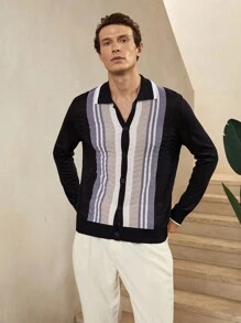 Manfinity Homme Áo khoác cardigan sọc tương phản thường ngày dành cho nam - màu đen - Xem 3