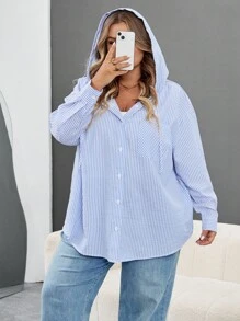 SHEIN CURVE+ Plus Size Women's Loose Casual Striped Hooded Shirt, Lightweight Shacket For Summerfall Clothes For Women,Winter,CURVE PLUS - Blue and White - View 6