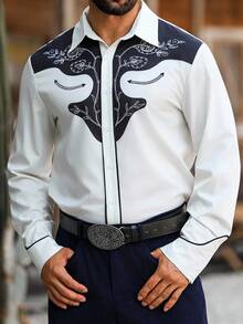 Manfinity Nomadique 男士花卉印花长袖单排扣休闲衬衫牛仔衬衫男士西部衬衫男士图案衬衫白色牛仔衬衫 - 黑與白 - 查看 1