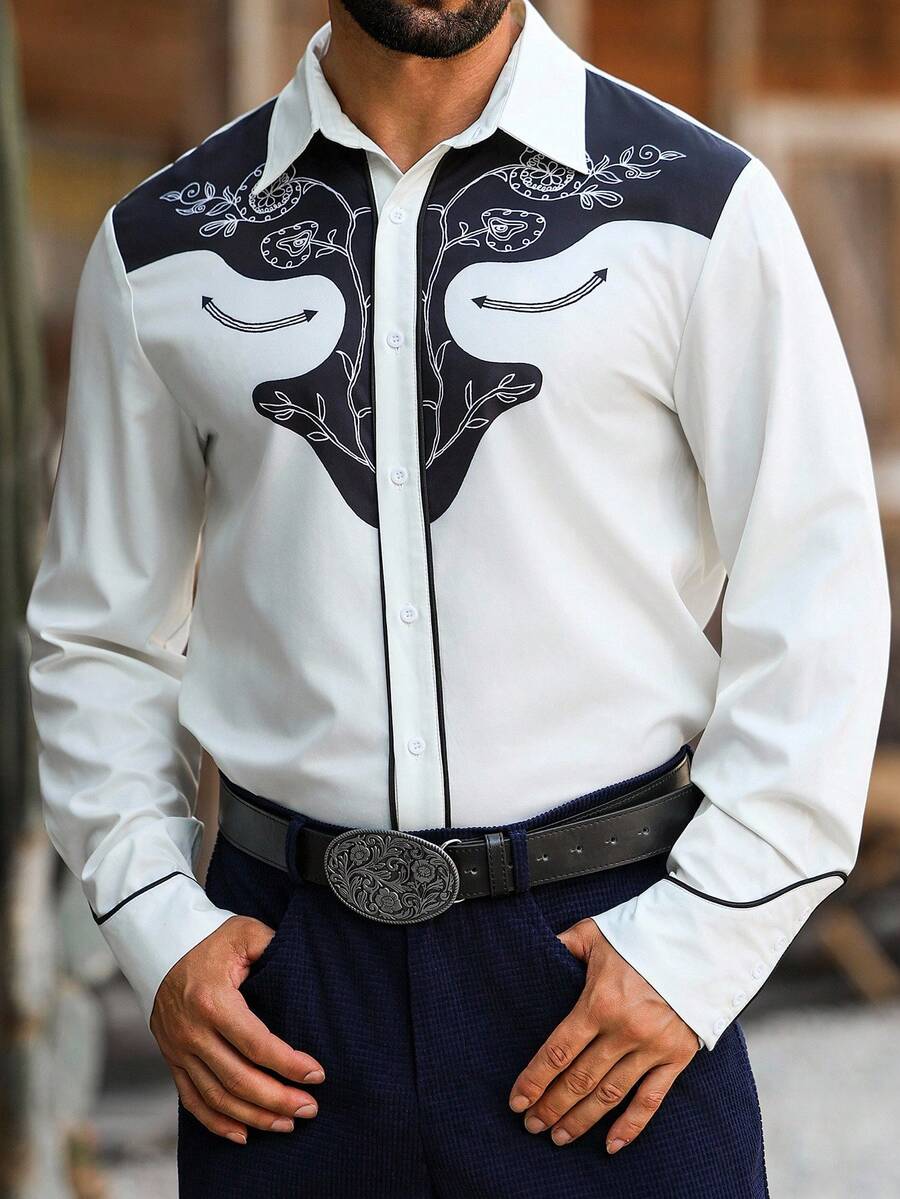 Manfinity Nomadique 男士花卉印花长袖单排扣休闲衬衫牛仔衬衫男士西部衬衫男士图案衬衫白色牛仔衬衫 - 黑與白 - 查看 1