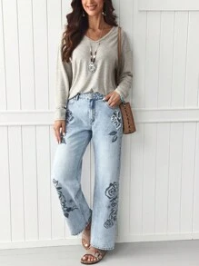 EMERY ROSE Jeans rectos y sueltos con estampado floral casual - Lavado ligero - Ver 4