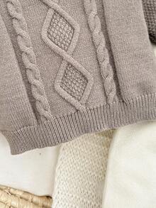 SHEIN Newborn Baby Girl Casual Solid Color Sweater, Knit Pants And Hat 3pcs Set, Autumn/Winter Fall Neutral - Brown - View 8