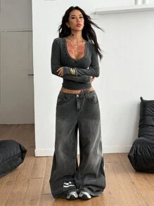 Coolane Women's Y2K Streetwear Tree Branch Pattern Bustier V-Neck T-Shirt,Fall Tops - Black - View 5