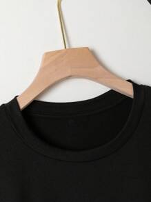 INAWLY Plus Size Women's Letter & Skeleton Print Casual Dropped Shoulder Round Neck T-Shirt - Black - View 6